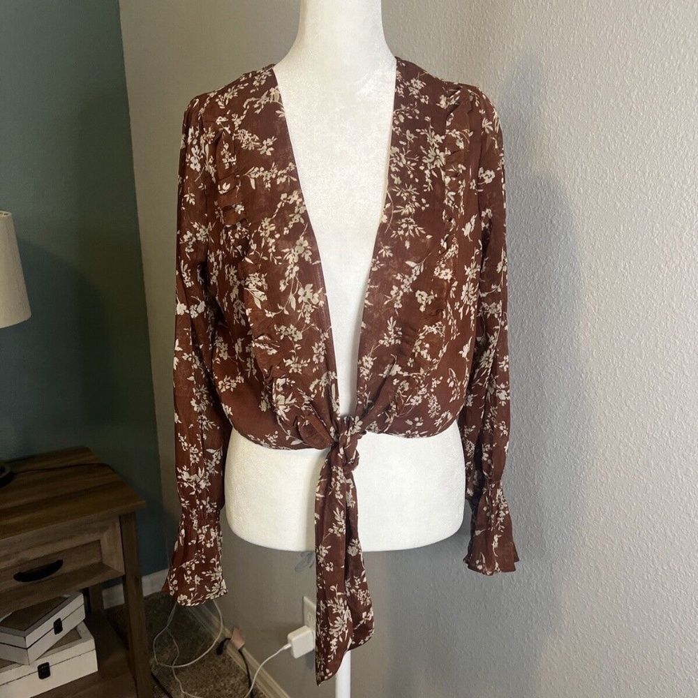 Princess Polly Brown/Rust Floral Ruffle Wrap Shirt Size 4